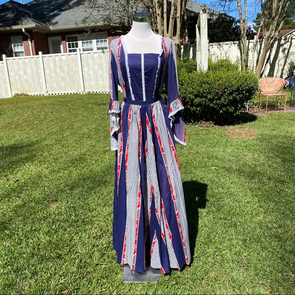 Vintage 70s Prairie Dress Red White Blue Cottage Core Patriotic Costume Handmade